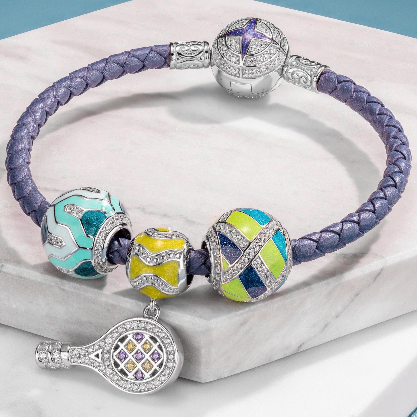 STERLING SILVER CUTE TENNIS CHARMS BRACELET SET WITH ENAMEL IN WHITE G ...