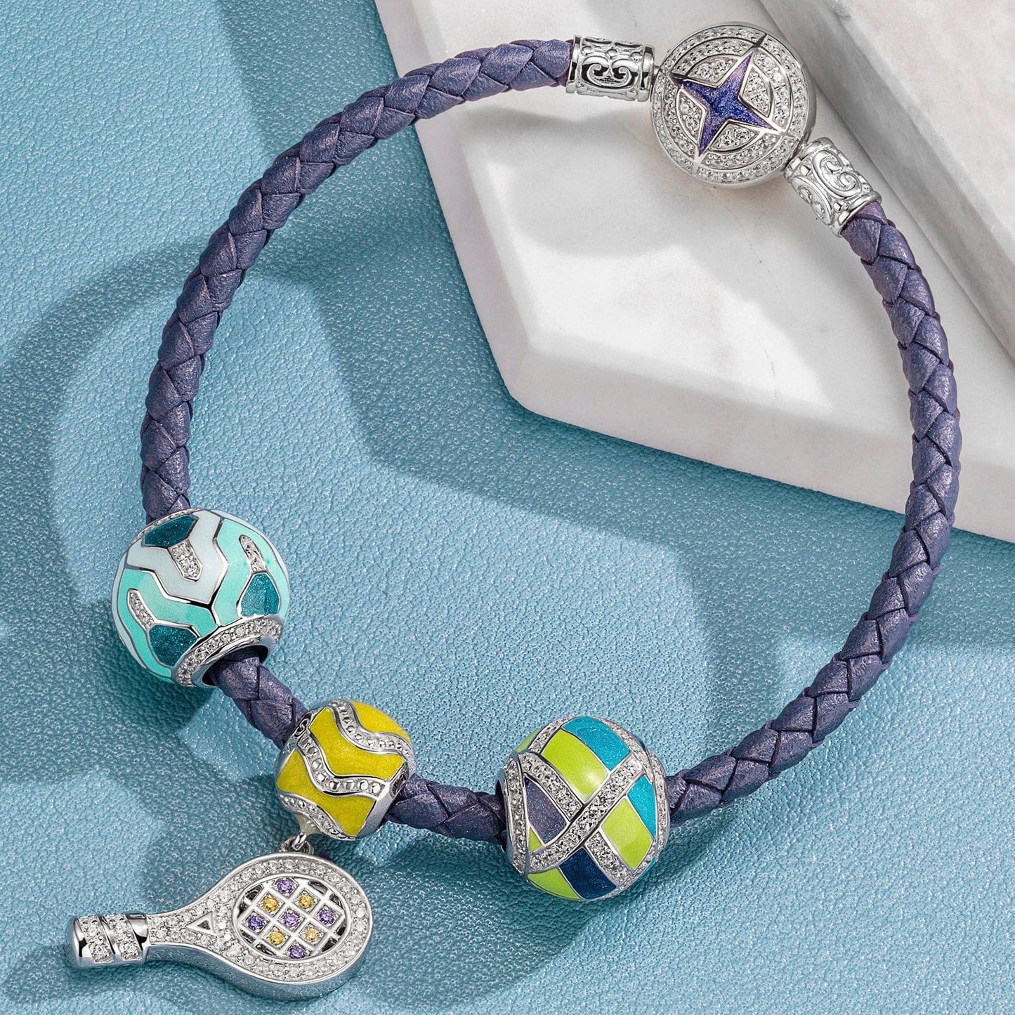 Sterling Silver Cute Tennis Charms Bracelet Set With Enamel In White Gold Plated (Includes bracelet and all charms shown)