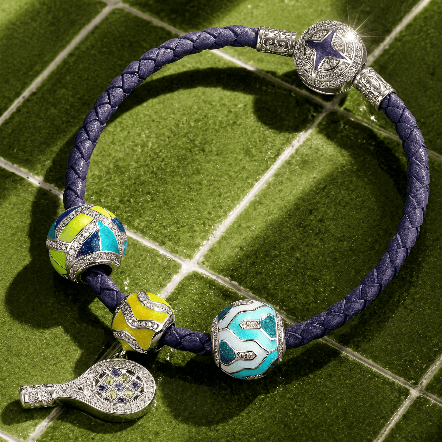 Sterling Silver Cute Tennis Charms Bracelet Set With Enamel In White Gold Plated (Includes bracelet and all charms shown)