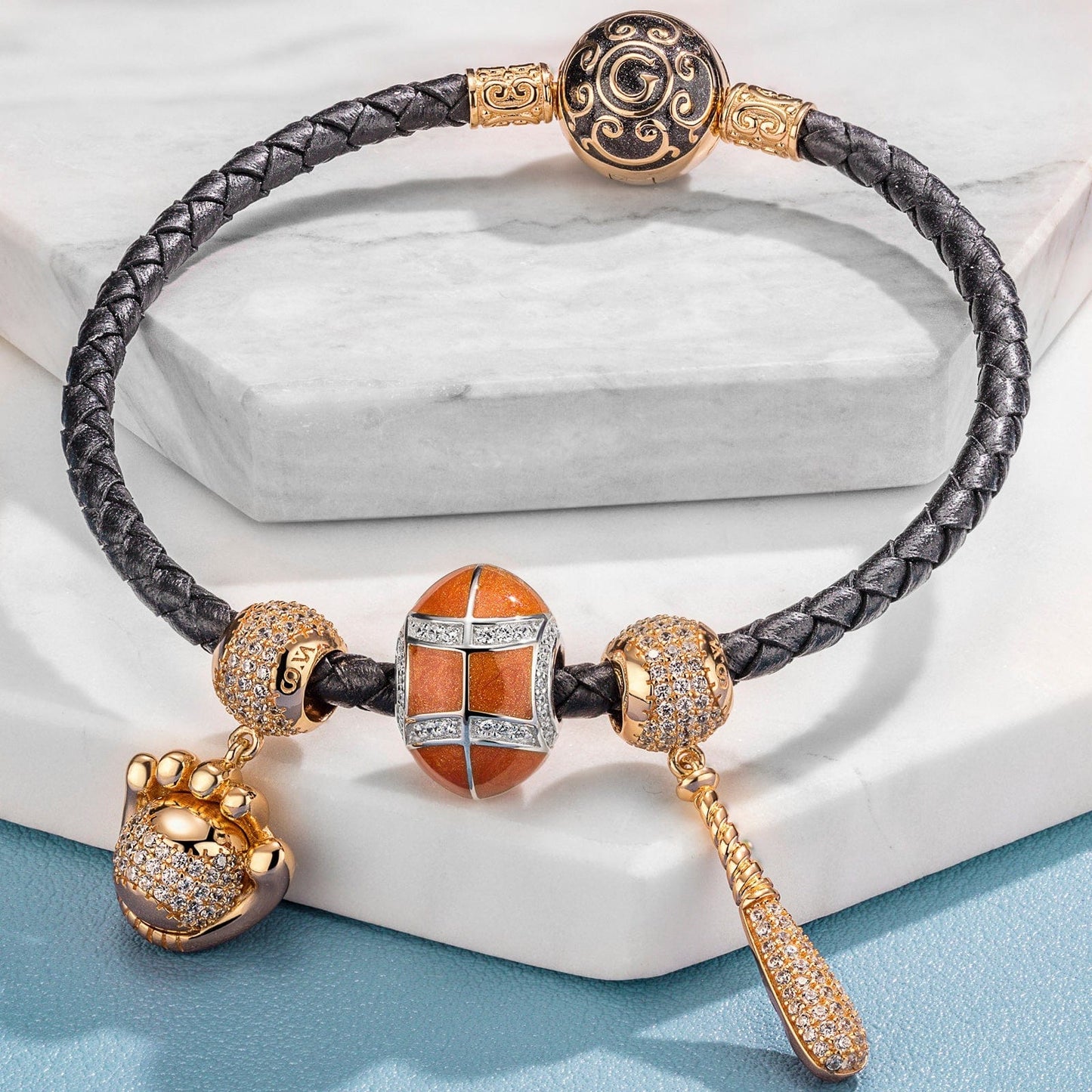 Sterling Silver Awesome Baseball Charms Bracelet Set With Enamel, Featuring Dual Plating in 14K Gold and White Gold