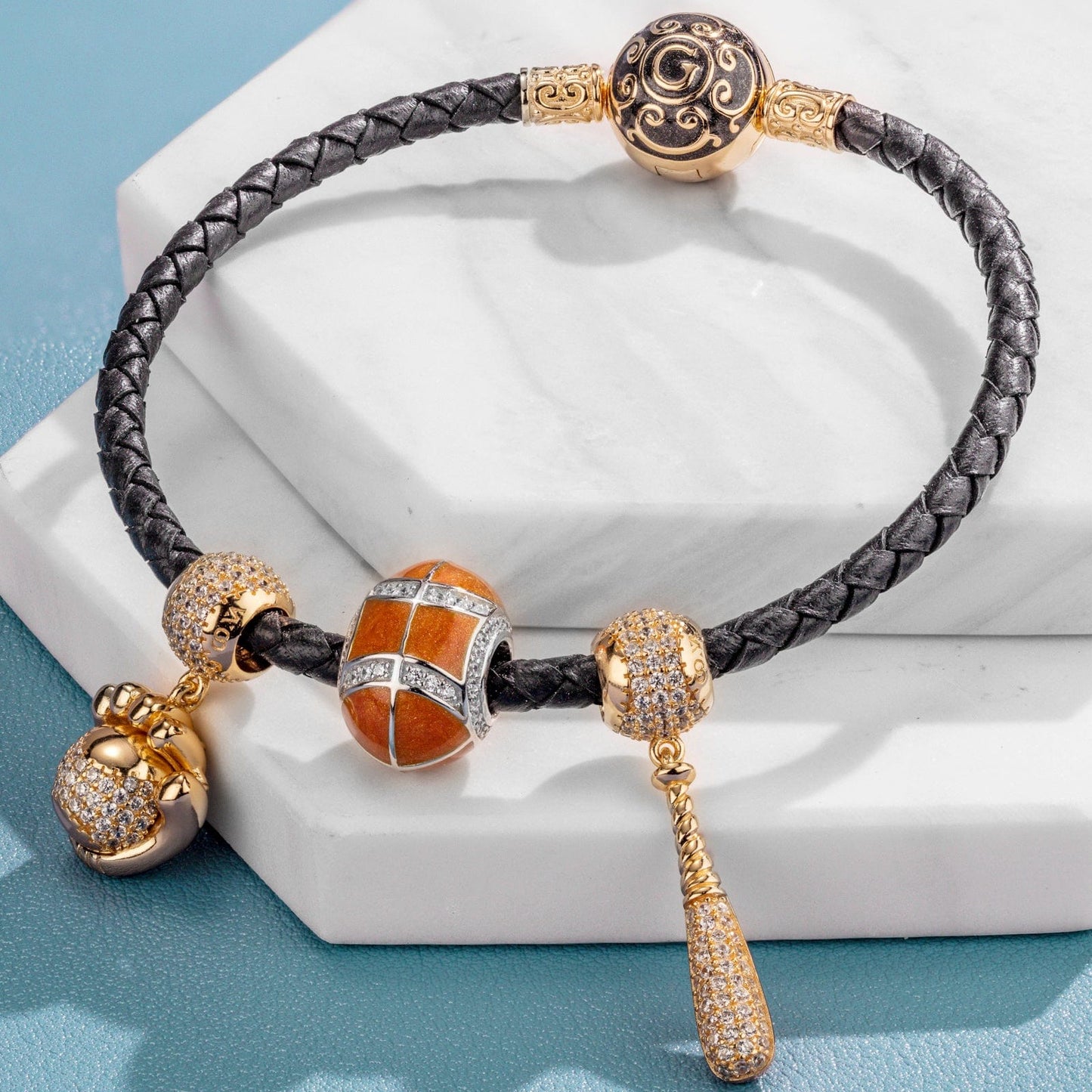 Sterling Silver Awesome Baseball Charms Bracelet Set With Enamel, Featuring Dual Plating in 14K Gold and White Gold