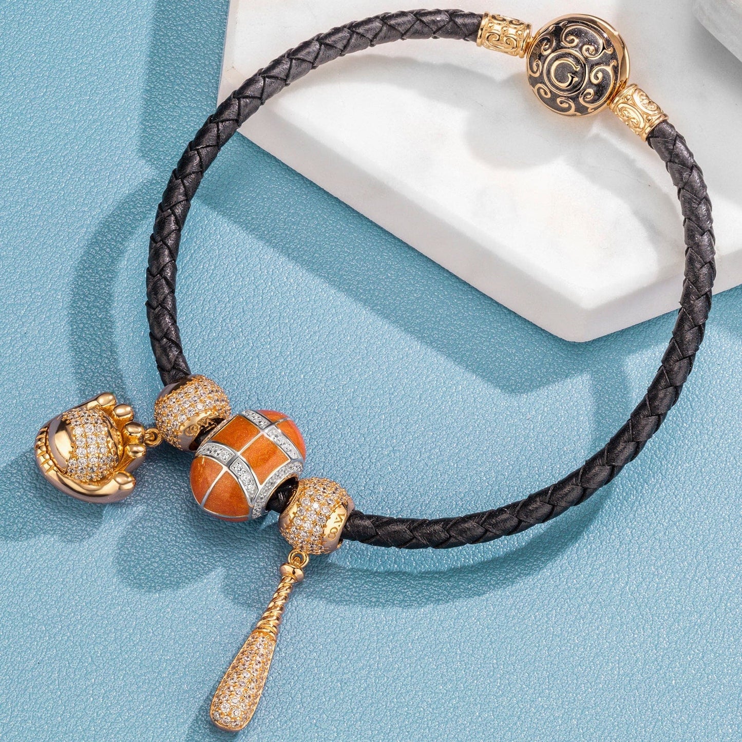 Sterling Silver Awesome Baseball Charms Bracelet Set With Enamel, Featuring Dual Plating in 14K Gold and White Gold