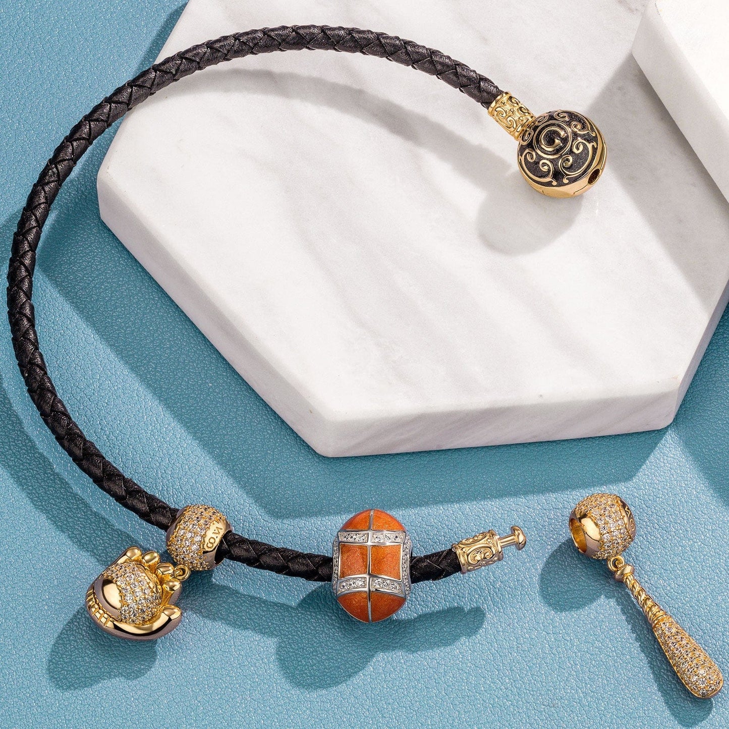 Sterling Silver Awesome Baseball Charms Bracelet Set With Enamel, Featuring Dual Plating in 14K Gold and White Gold