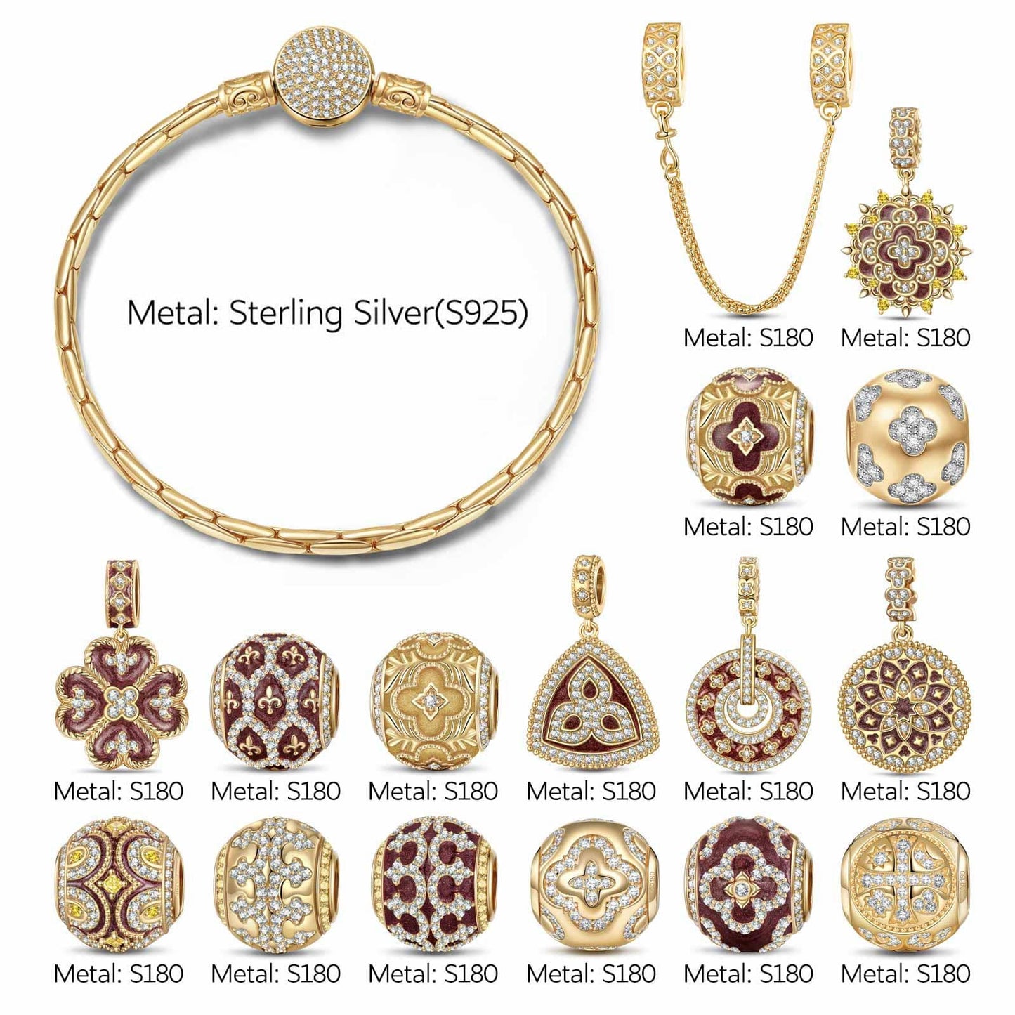 Sterling Silver Crimson Floral Charms Bracelet Set With Enamel In 14K Gold Plated (Includes bracelet and all charms shown)