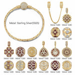 Sterling Silver Crimson Floral Charms Bracelet Set With Enamel In 14K Gold Plated (Includes bracelet and all charms shown)