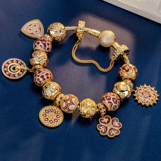 gon- Sterling Silver Crimson Floral Charms Bracelet Set With Enamel In 14K Gold Plated