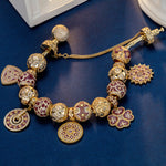 Sterling Silver Crimson Floral Charms Bracelet Set With Enamel In 14K Gold Plated