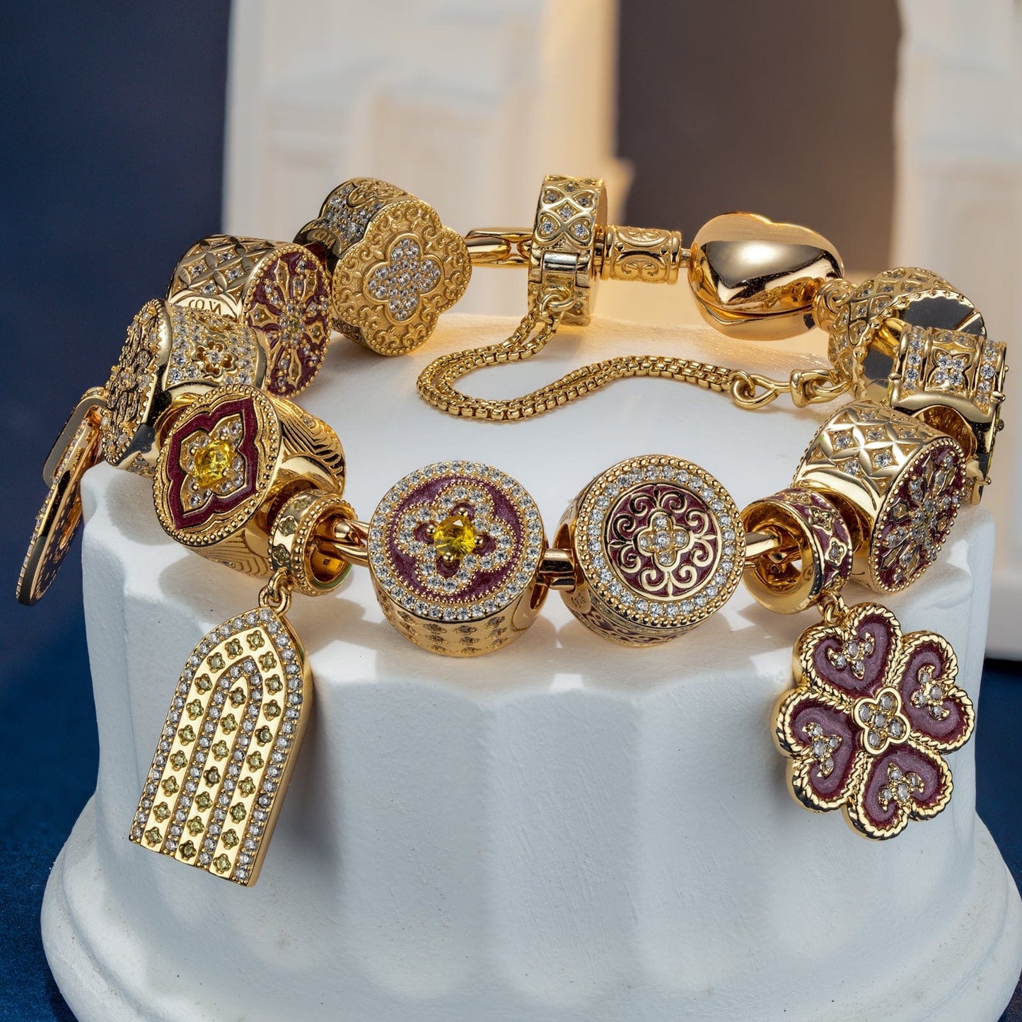 Sterling Silver Sacred Door Charms Bracelet Set With Enamel In 14K Gold Plated