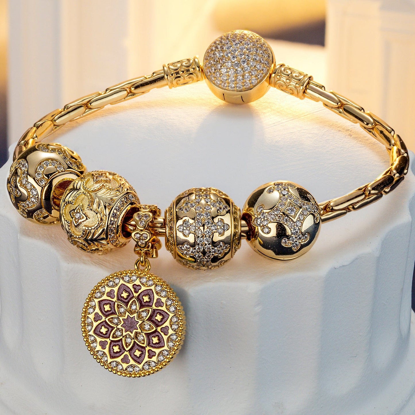 Sterling Silver Cascading Sunlight Charms Bracelet Set With Enamel In 14K Gold Plated