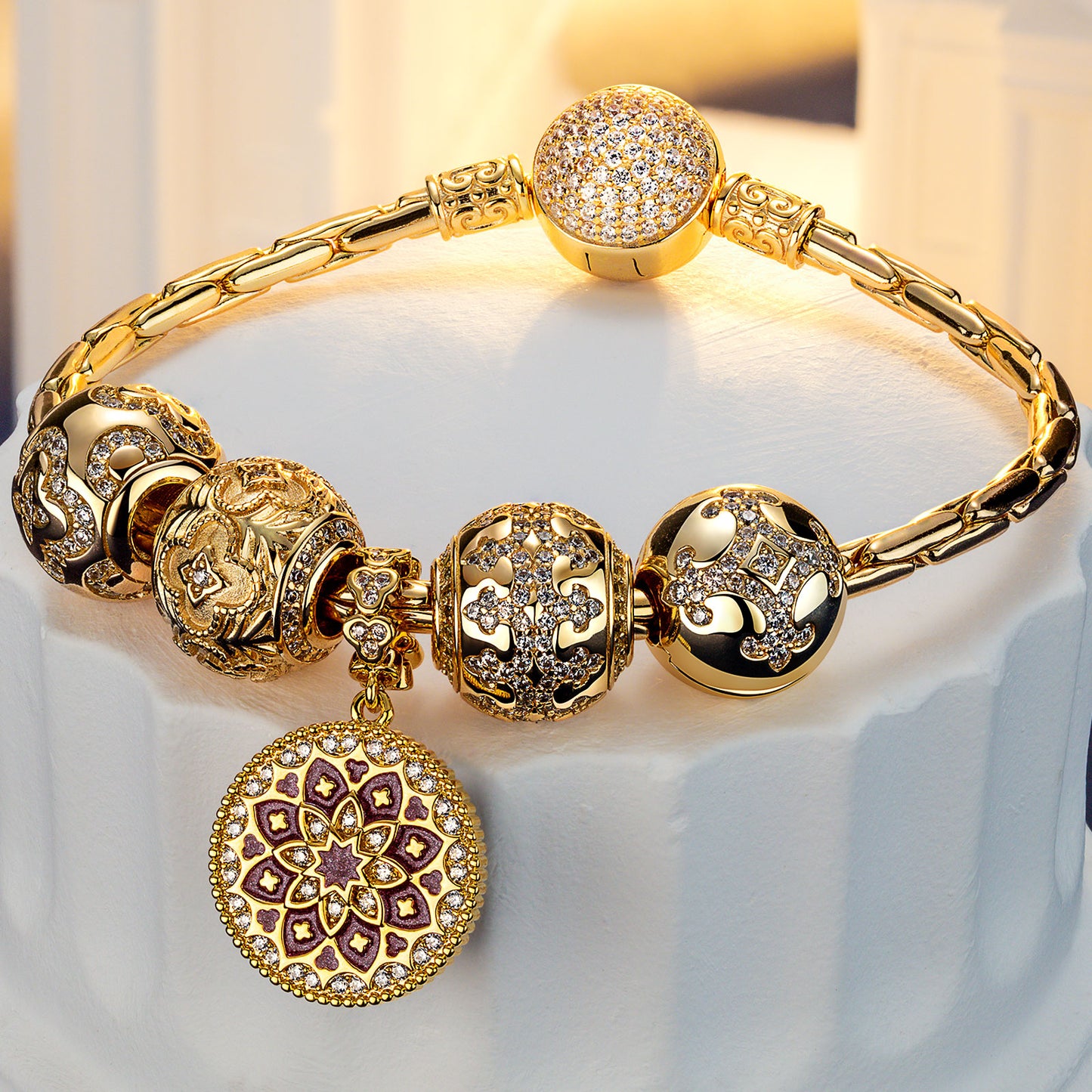 Sterling Silver Cascading Sunlight Charms Bracelet Set With Enamel In 14K Gold Plated
