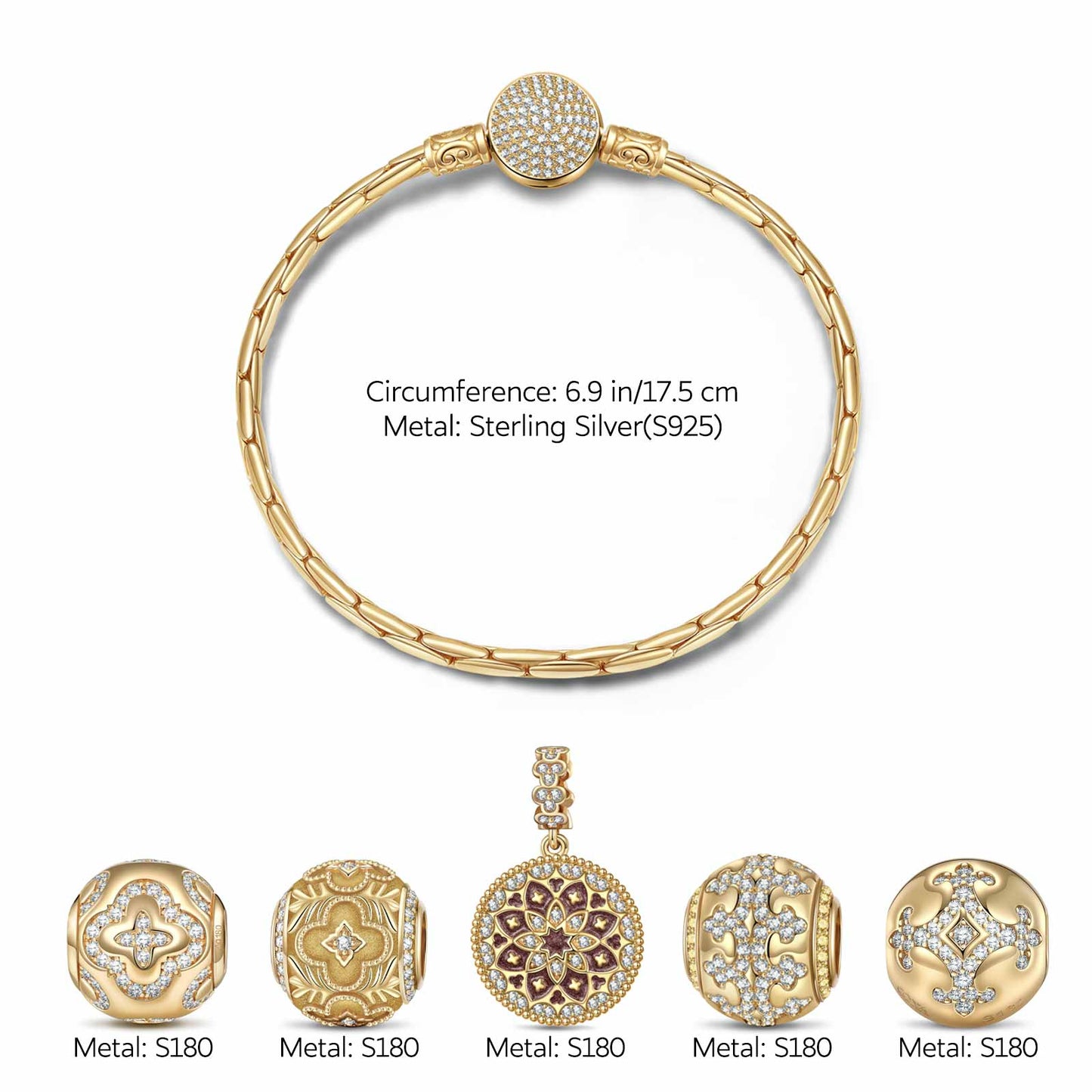 Sterling Silver Cascading Sunlight Charms Bracelet Set With Enamel In 14K Gold Plated