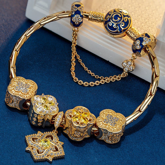 gona- Sterling Silver Sunlit Clover Charms Bracelet Set With Enamel In 14K Gold Plated (Includes bracelet and all charms shown)