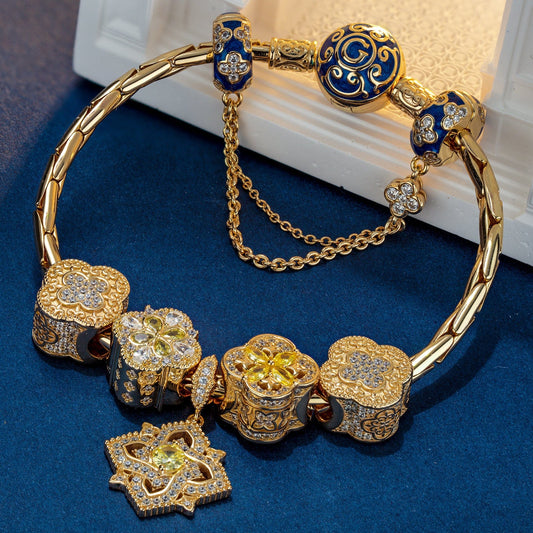 gon- Sterling Silver Sunlit Clover Charms Bracelet Set With Enamel In 14K Gold Plated