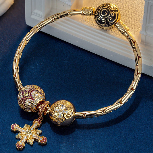 gon- Sterling Silver Golden Cross Charms Bracelet Set With Enamel In 14K Gold Plated