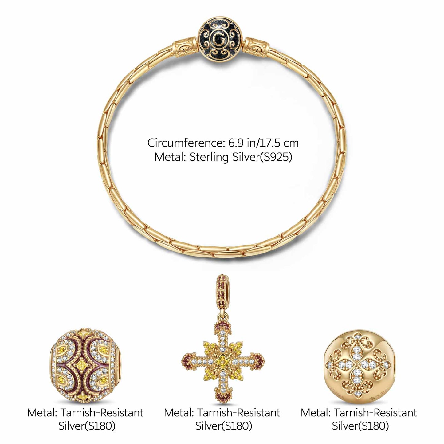 Sterling Silver Golden Cross Charms Bracelet Set With Enamel In 14K Gold Plated