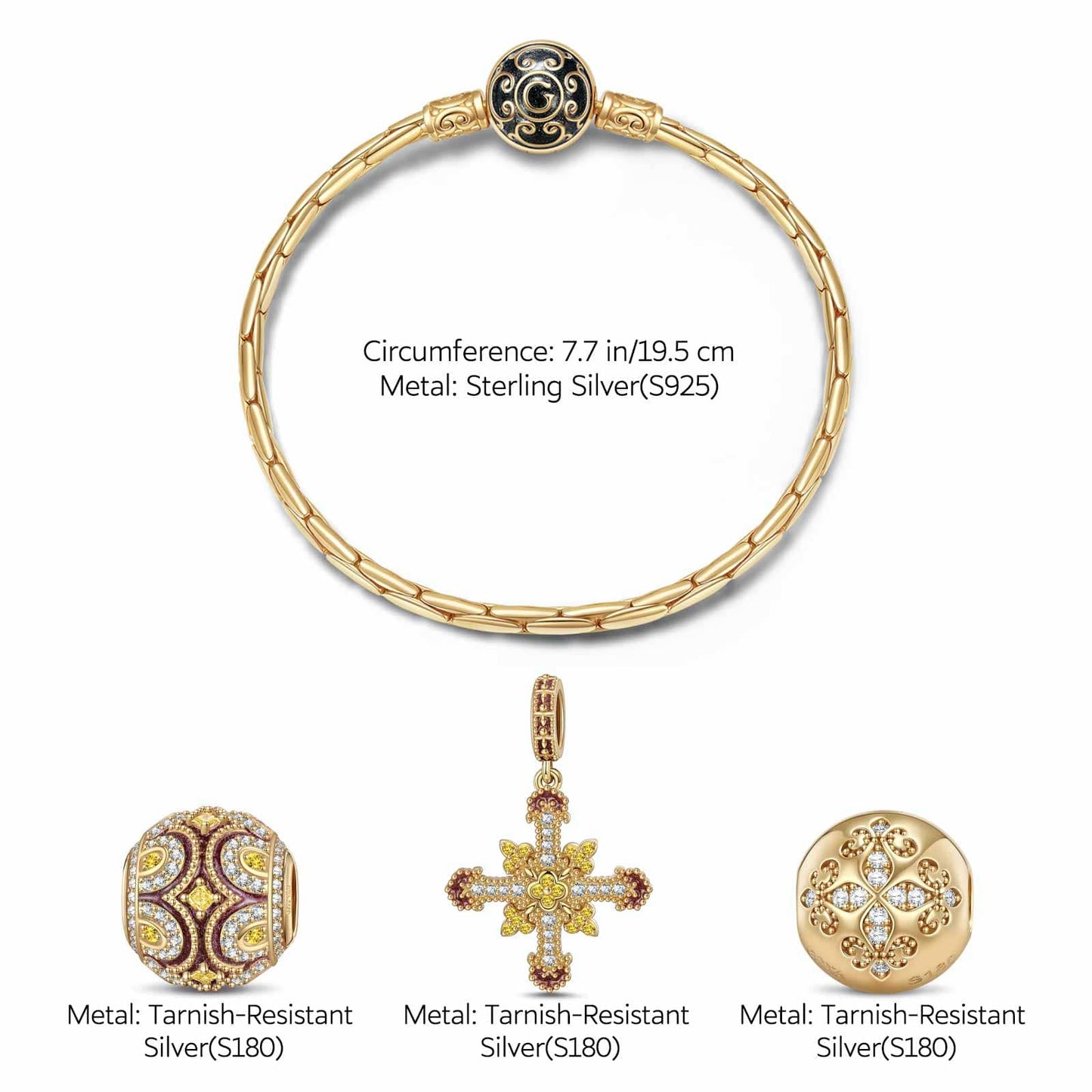 Sterling Silver Golden Cross Charms Bracelet Set With Enamel In 14K Gold Plated (Includes bracelet and all charms shown)