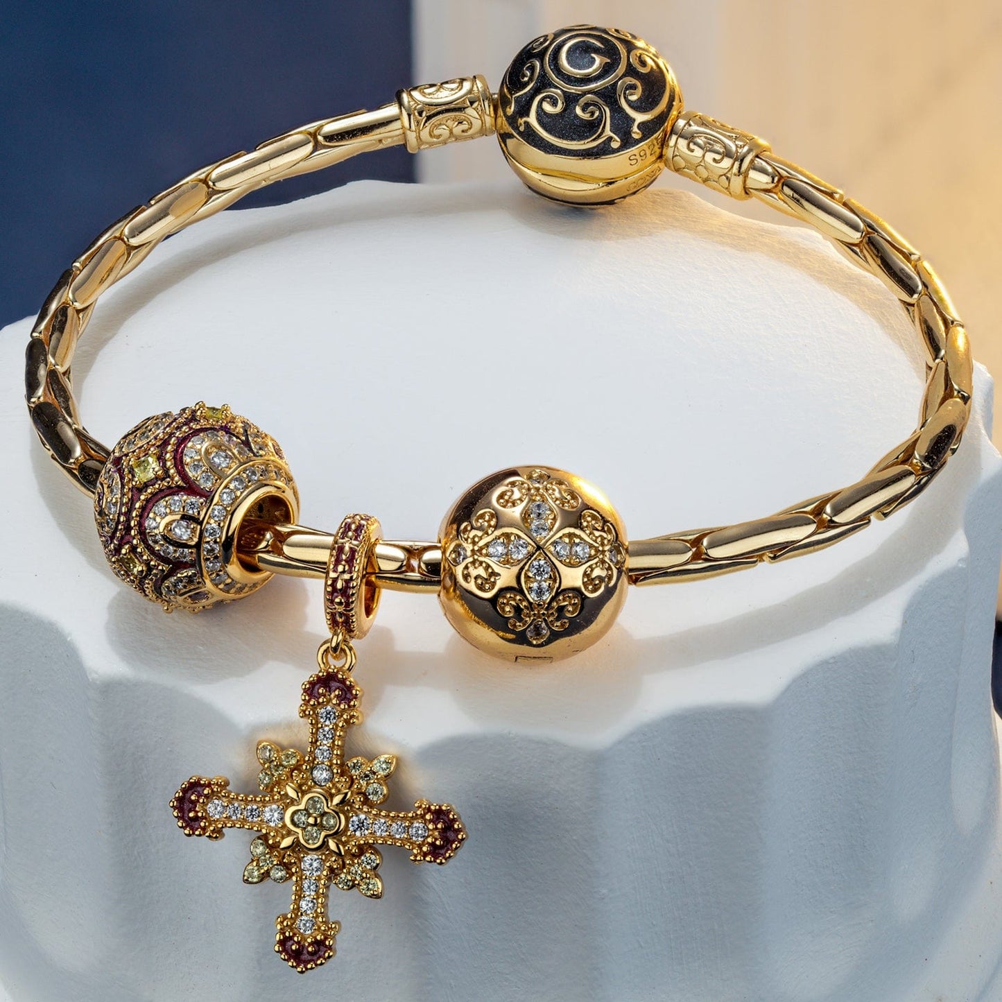 Sterling Silver Golden Cross Charms Bracelet Set With Enamel In 14K Gold Plated (Includes bracelet and all charms shown)