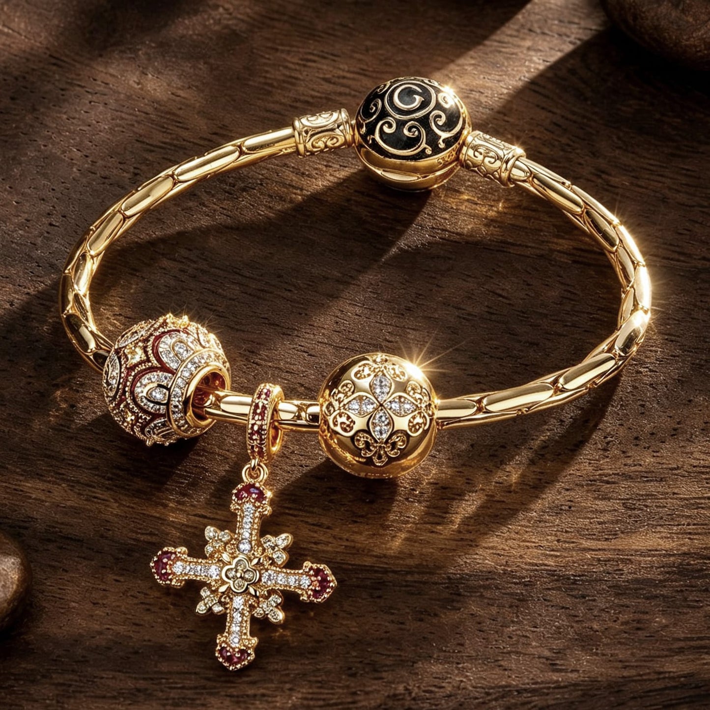 Sterling Silver Golden Cross Charms Bracelet Set With Enamel In 14K Gold Plated (Includes bracelet and all charms shown)