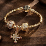 Sterling Silver Golden Cross Charms Bracelet Set With Enamel In 14K Gold Plated (Includes bracelet and all charms shown)