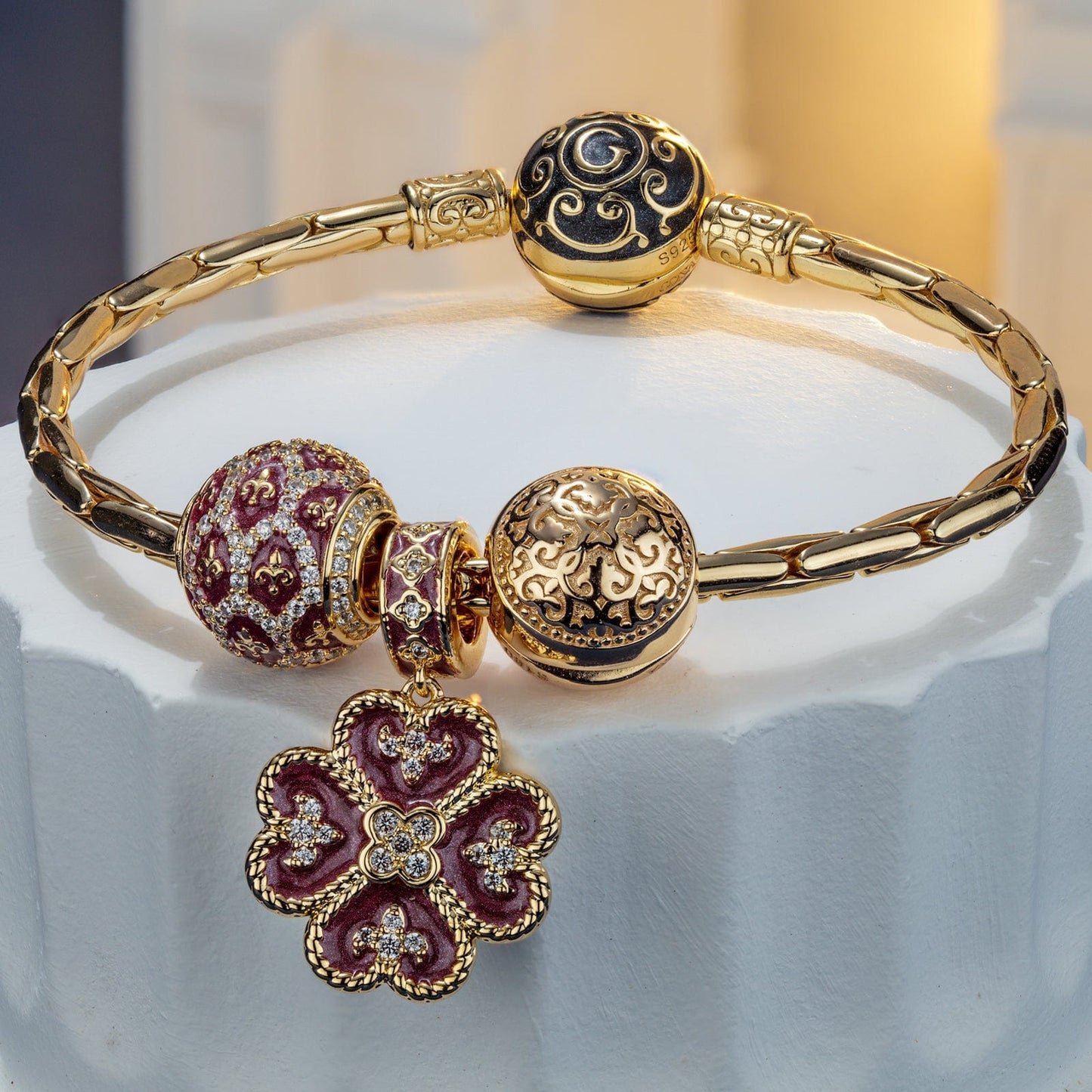 Sterling Silver Lucky Blooms Charms Bracelet Set With Enamel In 14K Gold Plated (Includes bracelet and all charms shown)