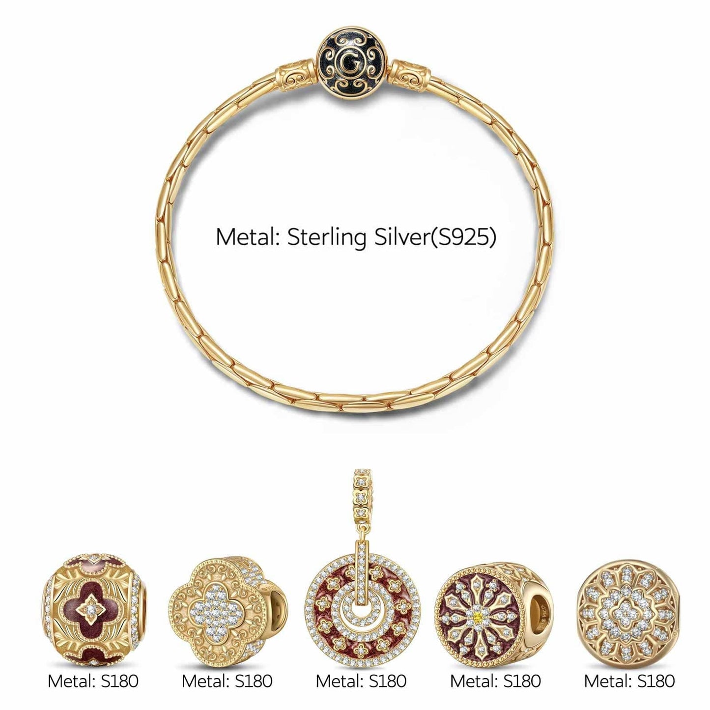 Sterling Silver Regal and Luxurious Charms Bracelet Set With Enamel In 14K Gold Plated (Includes bracelet and all charms shown)