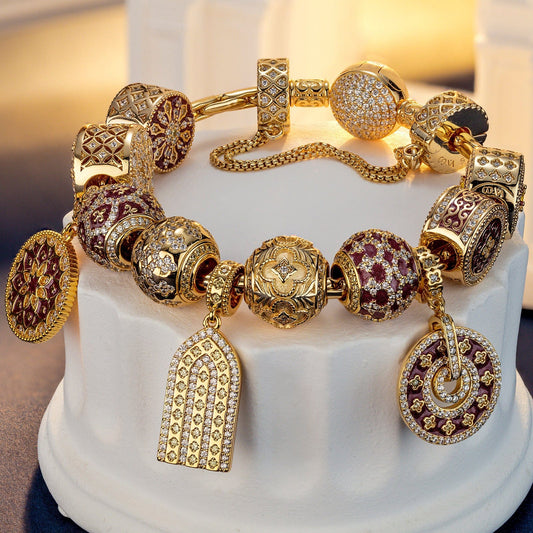 gon- Sterling Silver Golden Shimmering Charms Bracelet Set With Enamel In 14K Gold Plated