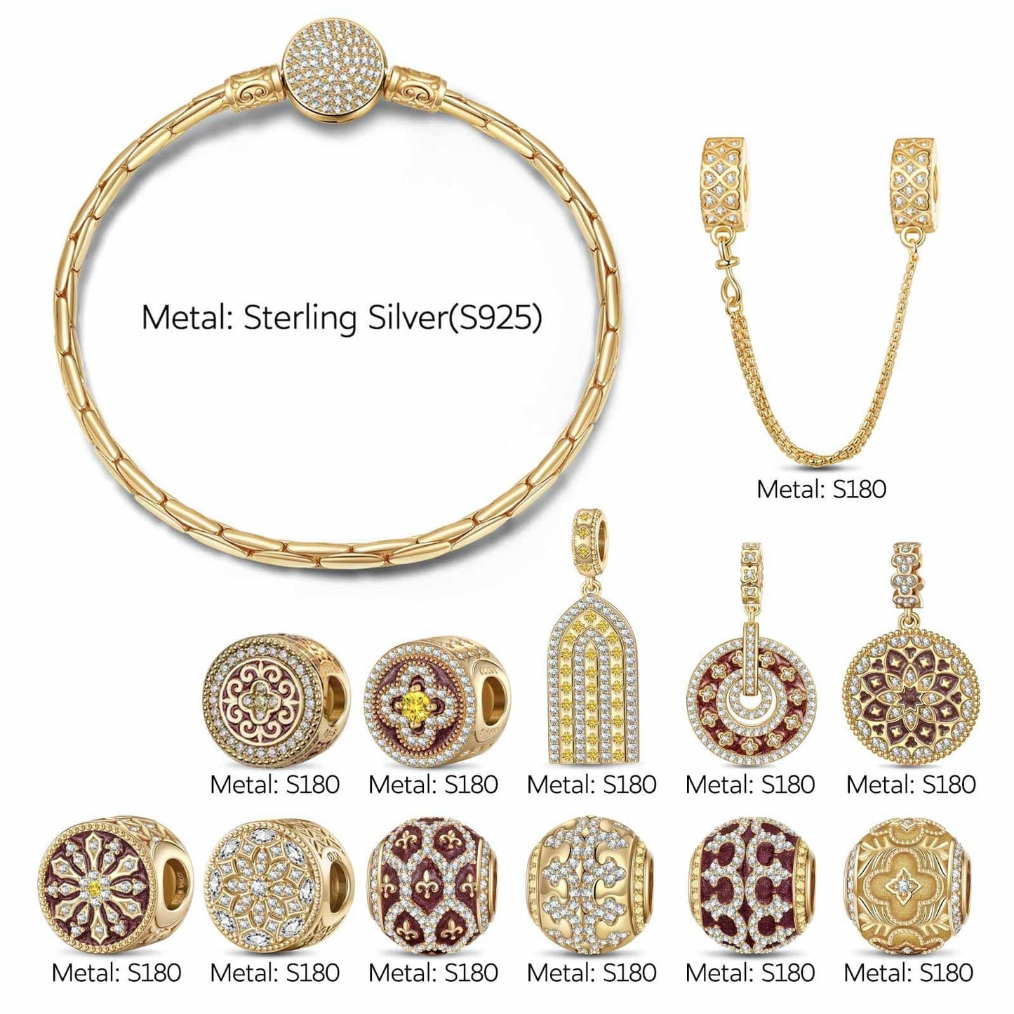 Sterling Silver Golden Shimmering Charms Bracelet Set With Enamel In 14K Gold Plated (Includes bracelet and all charms shown)