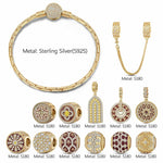 Sterling Silver Golden Shimmering Charms Bracelet Set With Enamel In 14K Gold Plated (Includes bracelet and all charms shown)