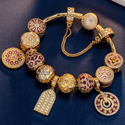 gon- Sterling Silver Golden Shimmering Charms Bracelet Set With Enamel In 14K Gold Plated