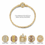 Sterling Silver Notre Dame Cathedral Charms Bracelet Set With Enamel In 14K Gold Plated