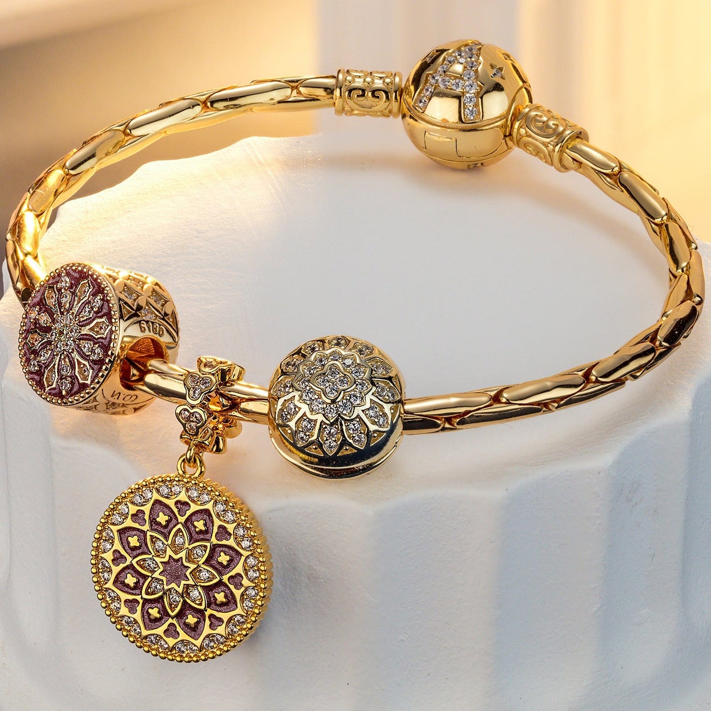 Sterling Silver Delicate Snowflakes Charms Bracelet Set With Enamel In 14K Gold Plated