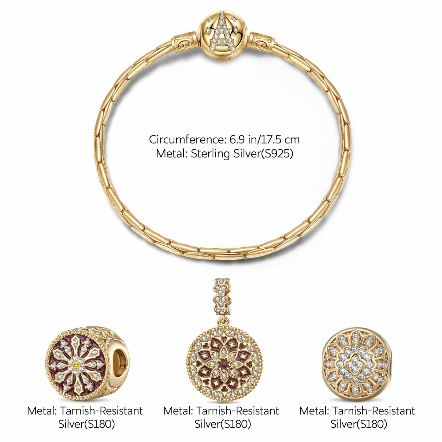 Sterling Silver Delicate Snowflakes Charms Bracelet Set With Enamel In 14K Gold Plated