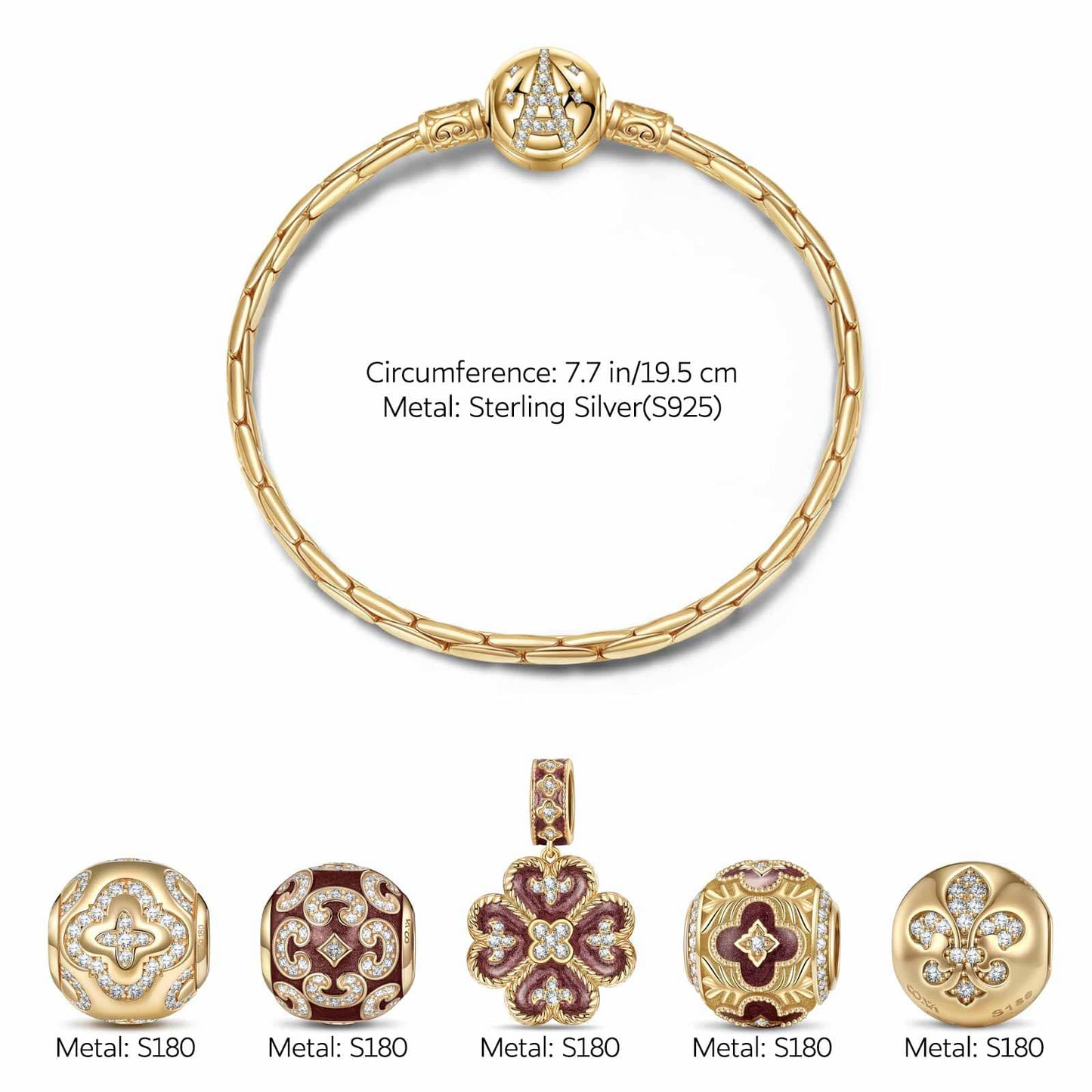 Sterling Silver Stained Window Charms Bracelet Set With Enamel In 14K Gold Plated (Includes bracelet and all charms shown)