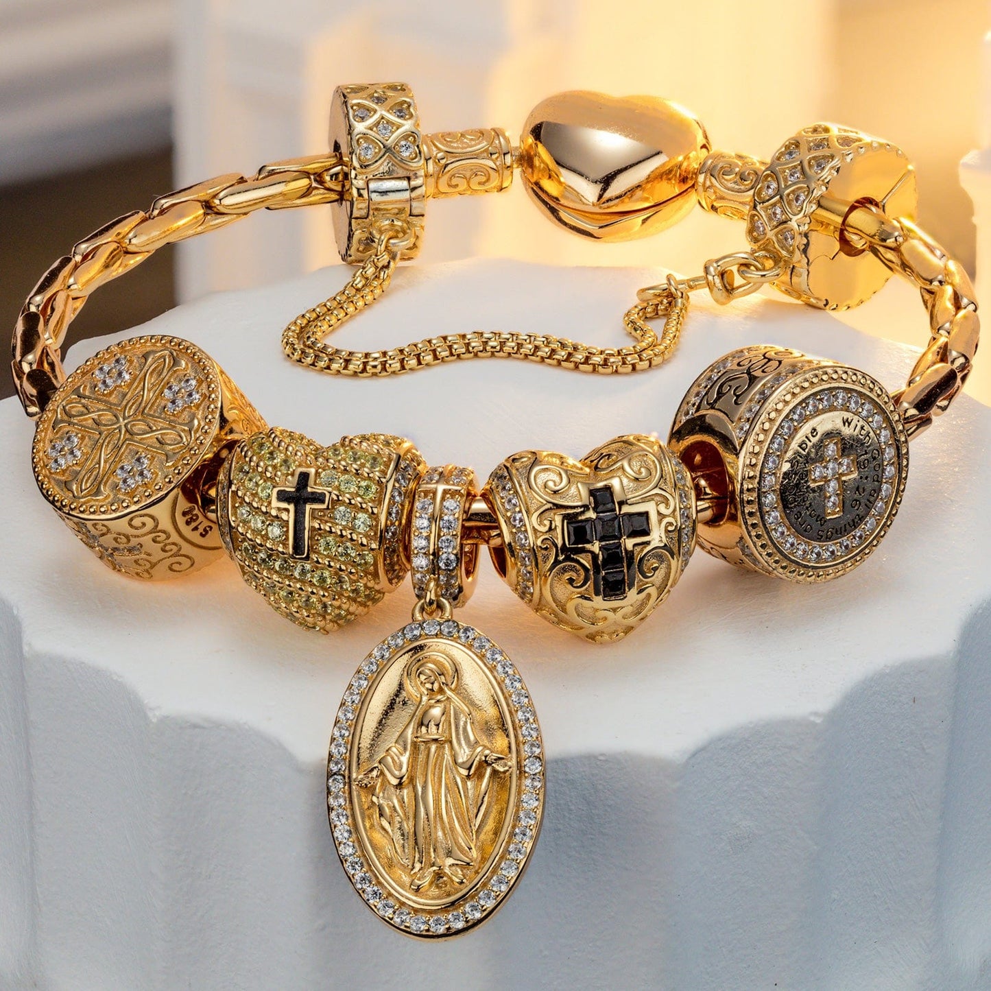 Sterling Silver Jesus and The Cross Charms Bracelet Set In 14K Gold Plated