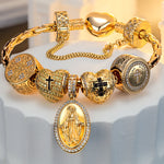 Sterling Silver Jesus and The Cross Charms Bracelet Set In 14K Gold Plated