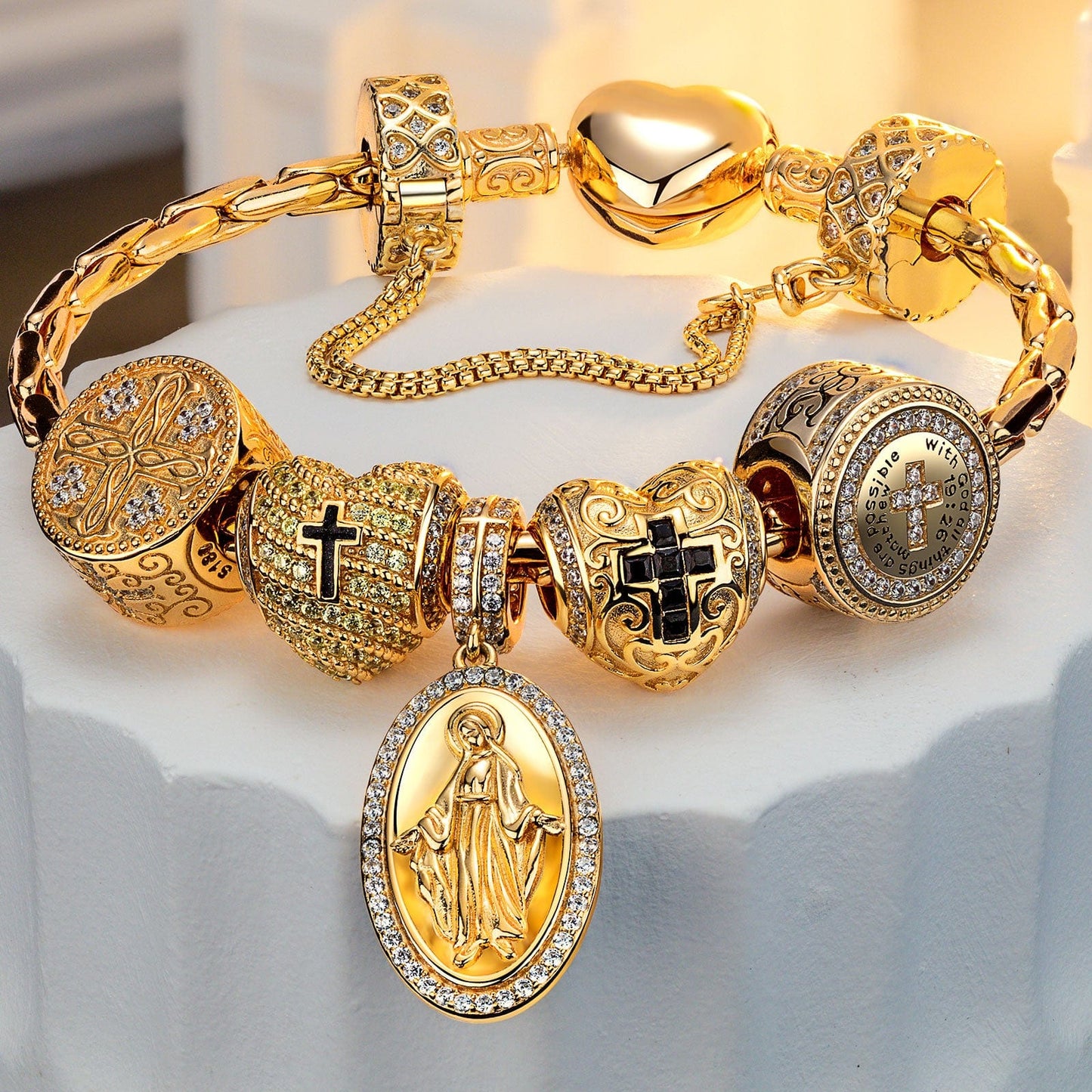 Sterling Silver Jesus and The Cross Charms Bracelet Set In 14K Gold Plated (Includes bracelet and all charms shown)