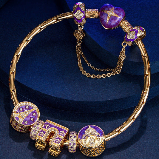 gona- Sterling Silver Sacred Heart Cathedral Charms Bracelet Set With Enamel In 14K Gold Plated (Includes bracelet and all charms shown)