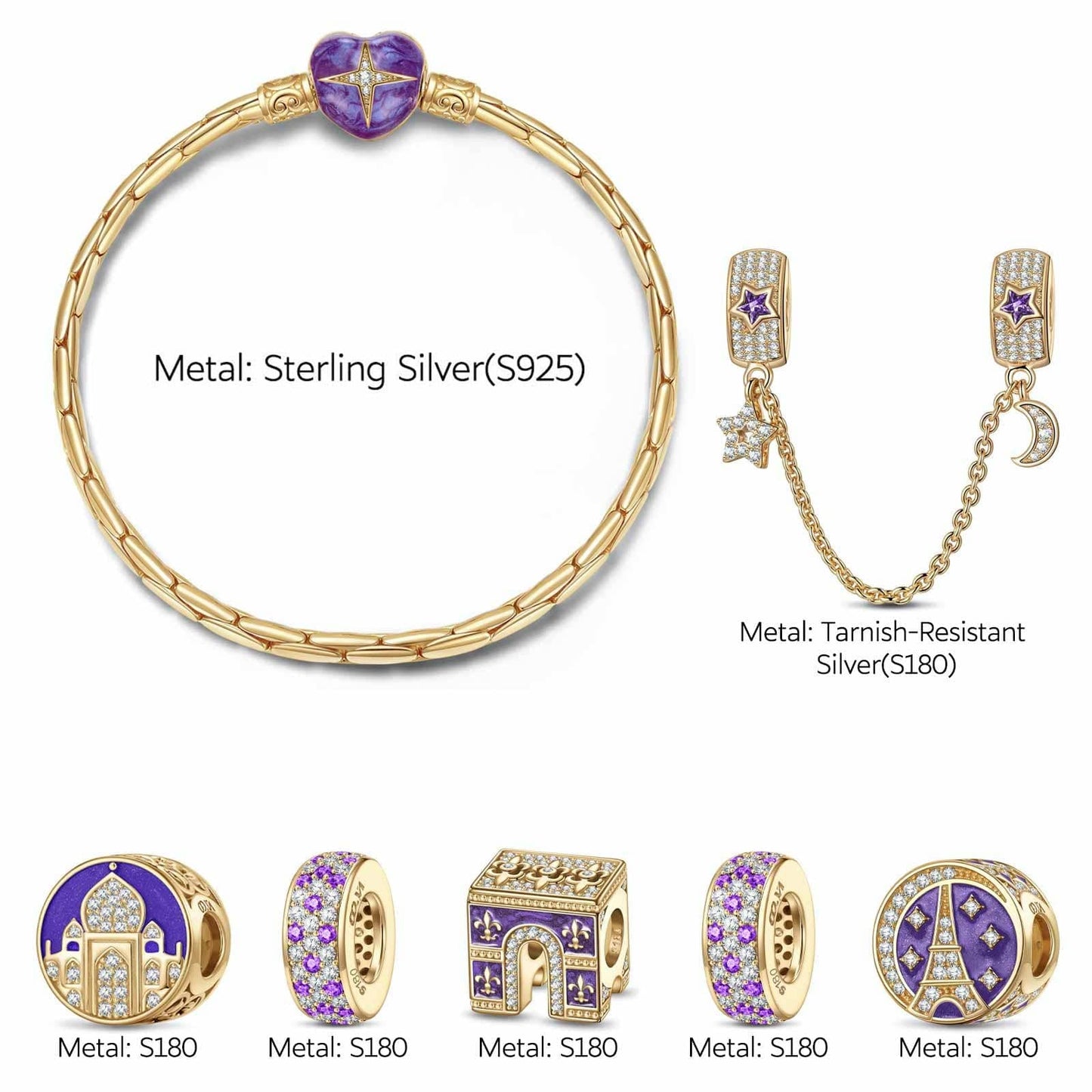 Sterling Silver Sacred Heart Cathedral Charms Bracelet Set With Enamel In 14K Gold Plated (Includes bracelet and all charms shown)