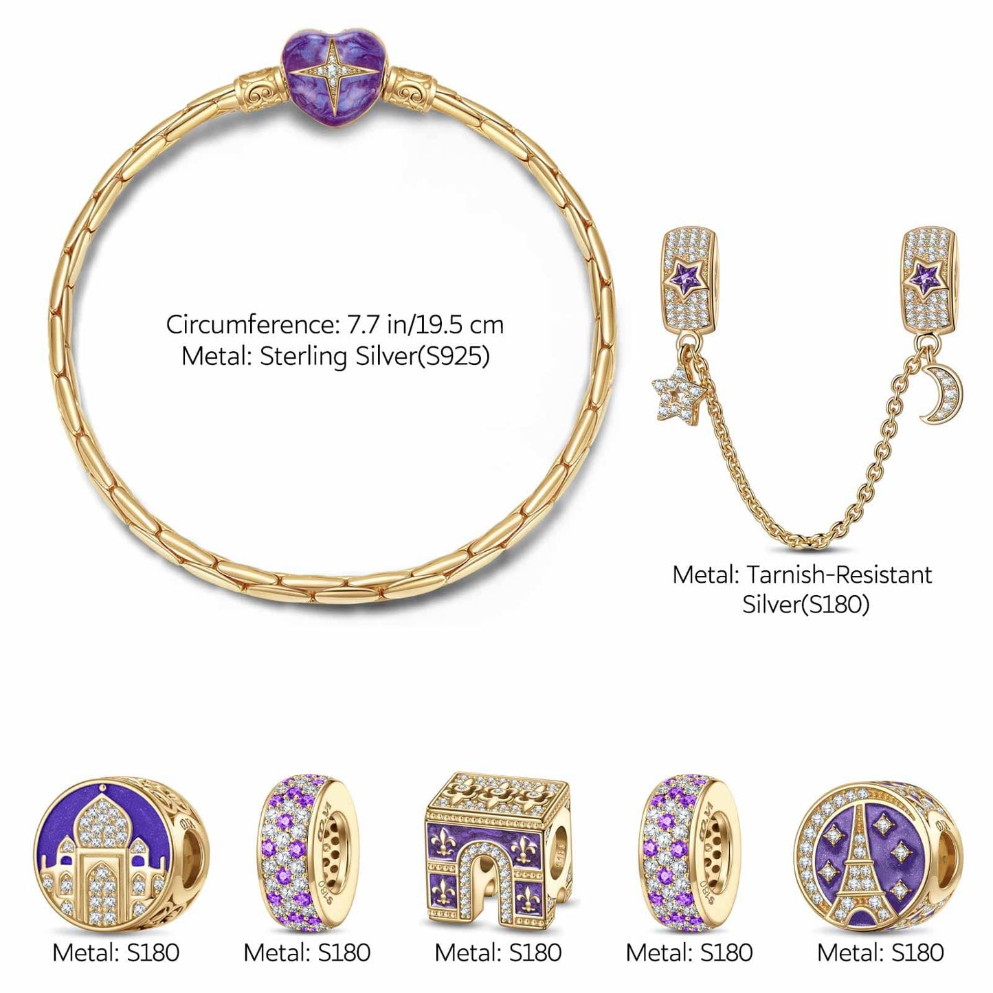 Sterling Silver Sacred Heart Cathedral Charms Bracelet Set With Enamel In 14K Gold Plated (Includes bracelet and all charms shown)