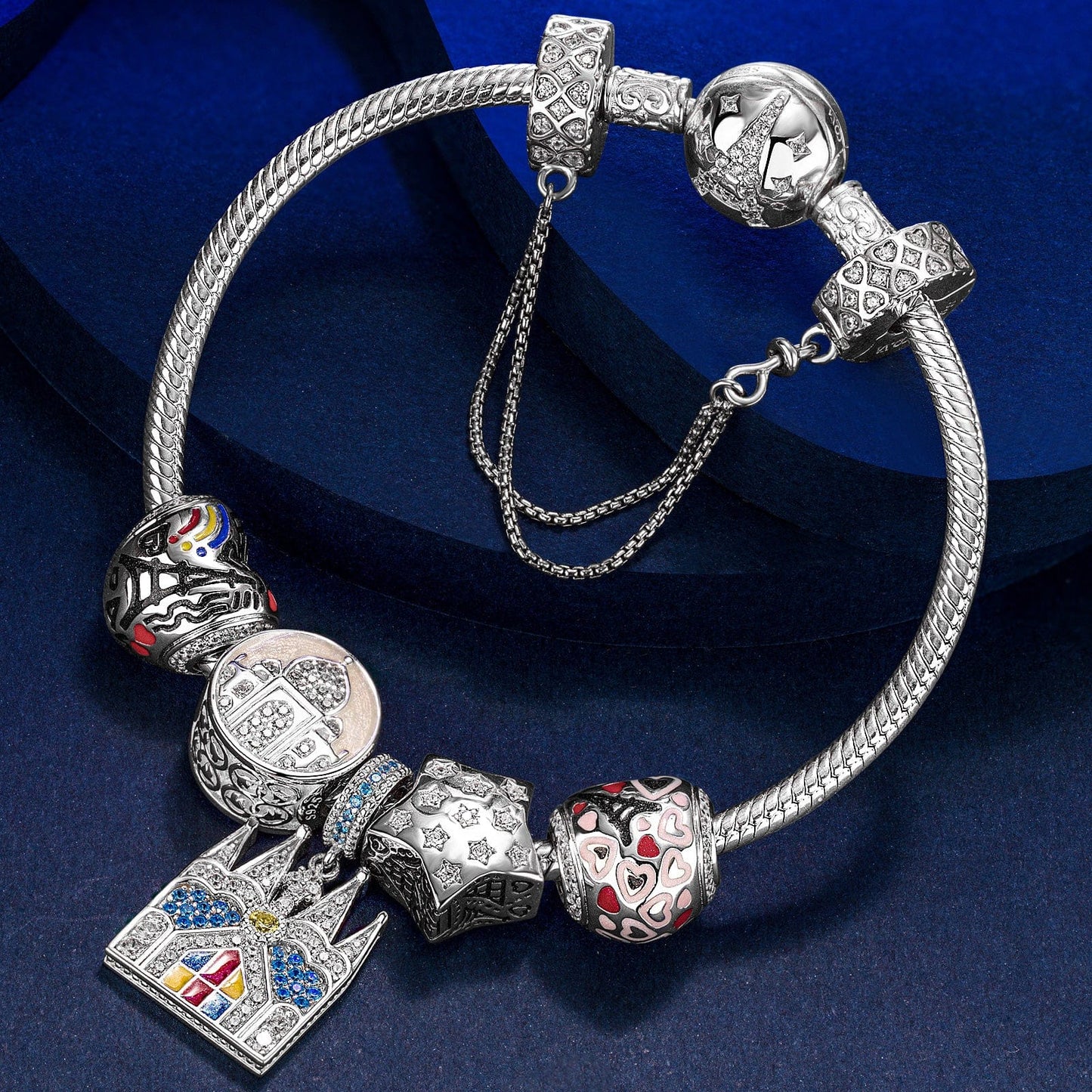 Sterling Silver Vibrant Array Charms Bracelet Set With Enamel In White Gold Plated