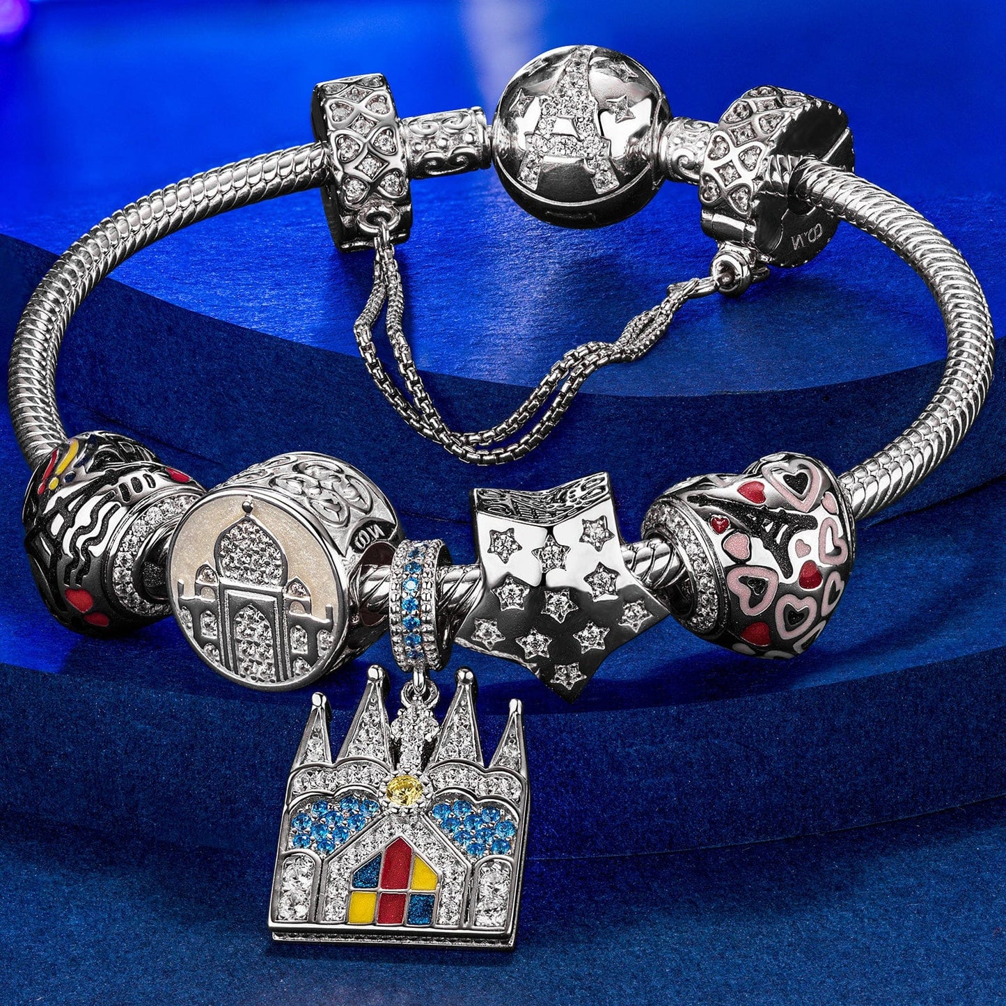 Sterling Silver Vibrant Array Charms Bracelet Set With Enamel In White Gold Plated (Includes bracelet and all charms shown)