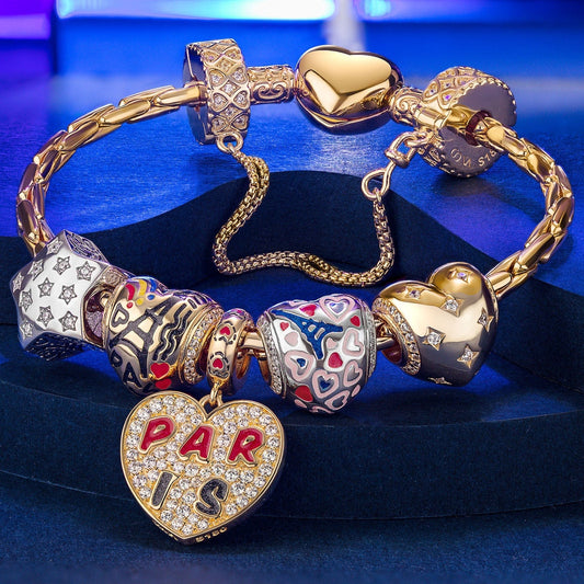 gona- Sterling Silver Stars And Hearts Charms Bracelet Set With Enamel, Featuring Dual Plating in 14K Gold and White Gold (Includes bracelet and all charms shown)