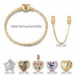Sterling Silver Stars And Hearts Charms Bracelet Set With Enamel, Featuring Dual Plating in 14K Gold and White Gold (Includes bracelet and all charms shown)