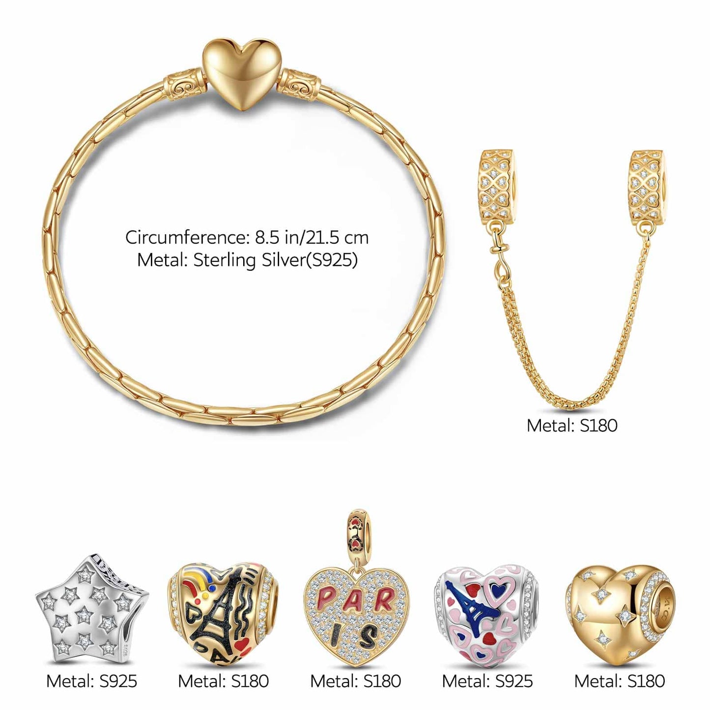 Sterling Silver Stars And Hearts Charms Bracelet Set With Enamel, Featuring Dual Plating in 14K Gold and White Gold (Includes bracelet and all charms shown)