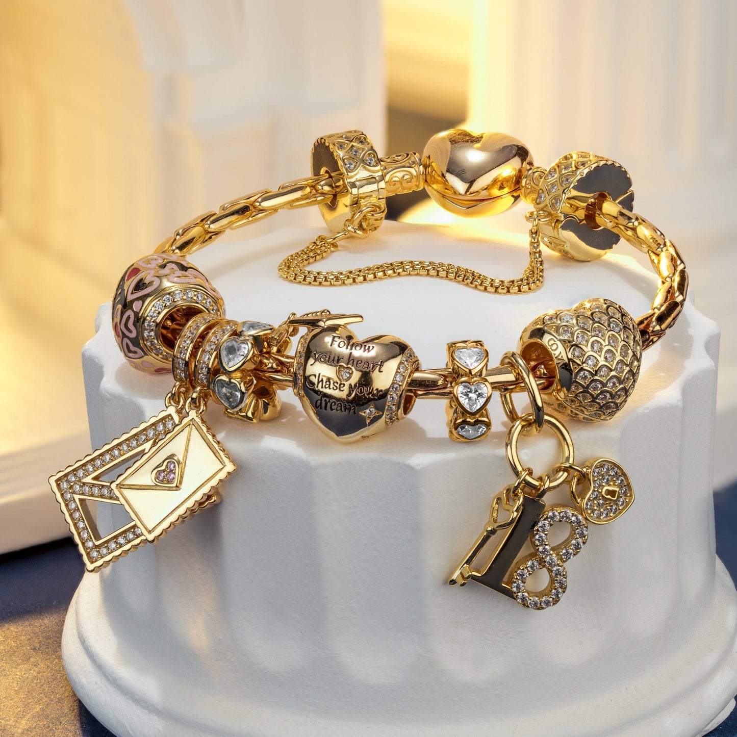 Sterling Silver Chase Dreams Charms Bracelet Set With Enamel In 14K Gold Plated (Includes bracelet and all charms shown)