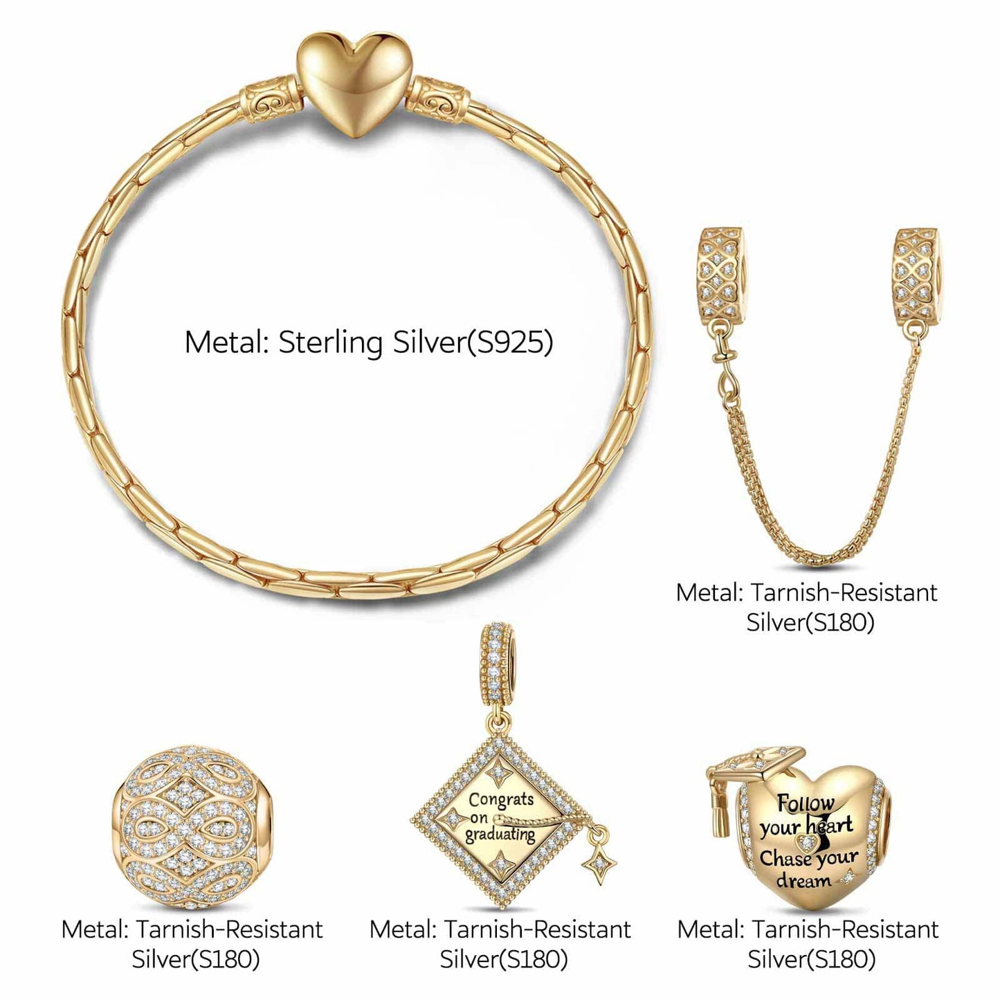 Sterling Silver Congrats on Graduating Charms Bracelet Set In 14K Gold Plated (Includes bracelet and all charms shown)