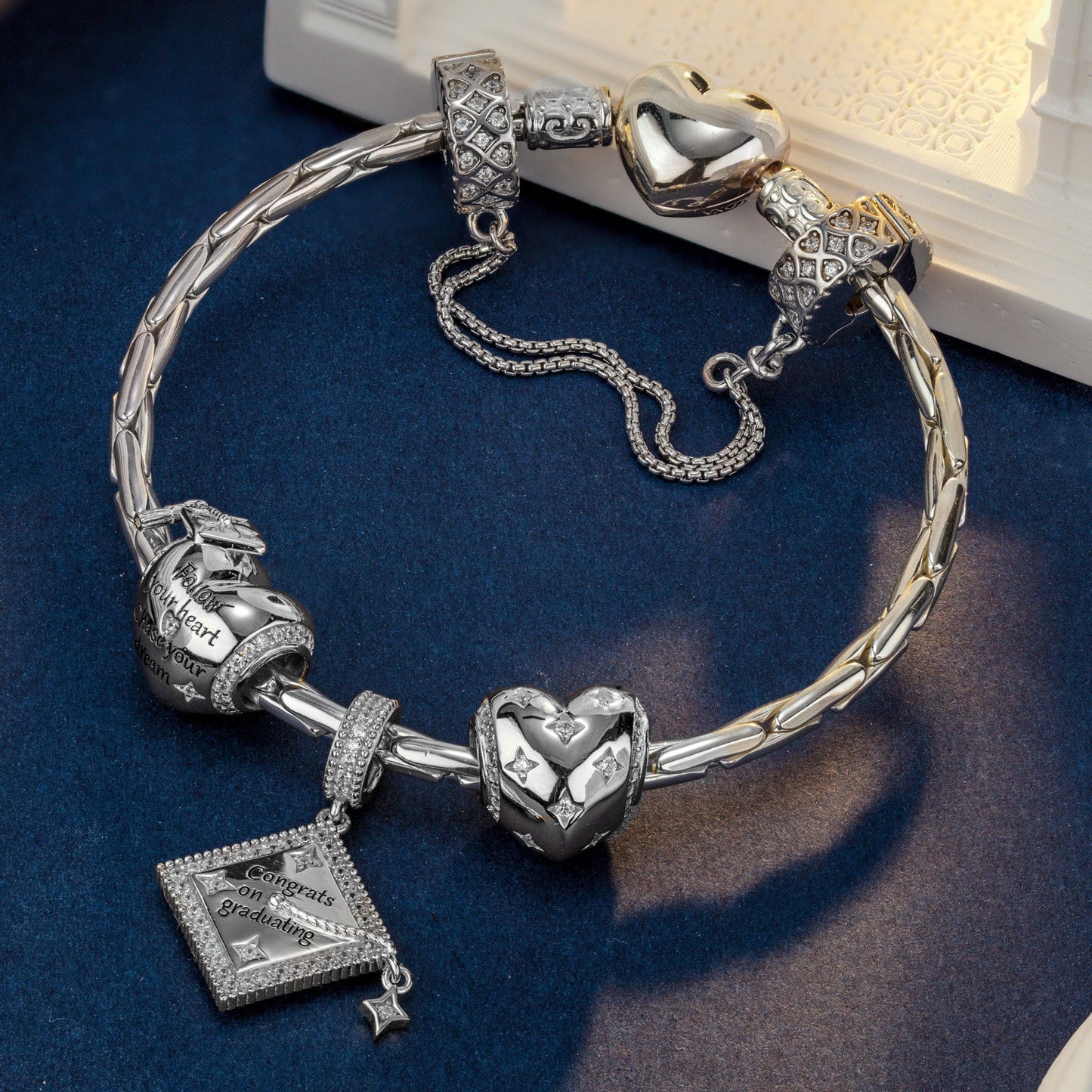 Sterling Silver Congrats on Graduating Charms Bracelet Set In White Gold Plated