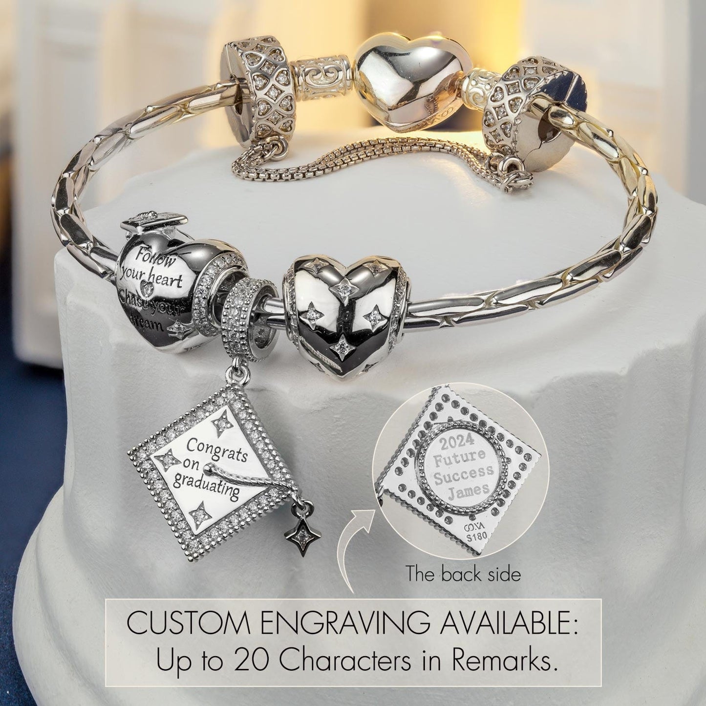 Sterling Silver Congrats on Graduating Charms Bracelet Set In White Gold Plated (Includes bracelet and all charms shown)