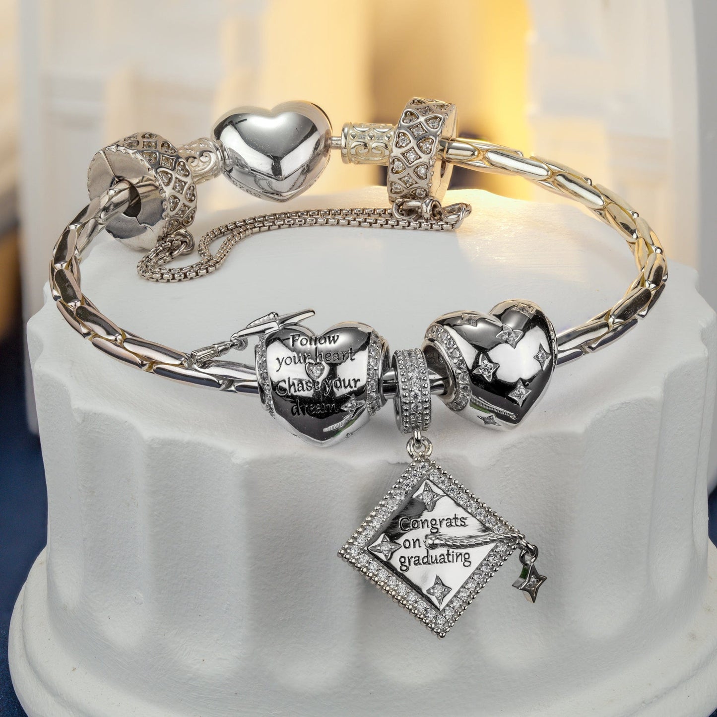 Sterling Silver Congrats on Graduating Charms Bracelet Set In White Gold Plated