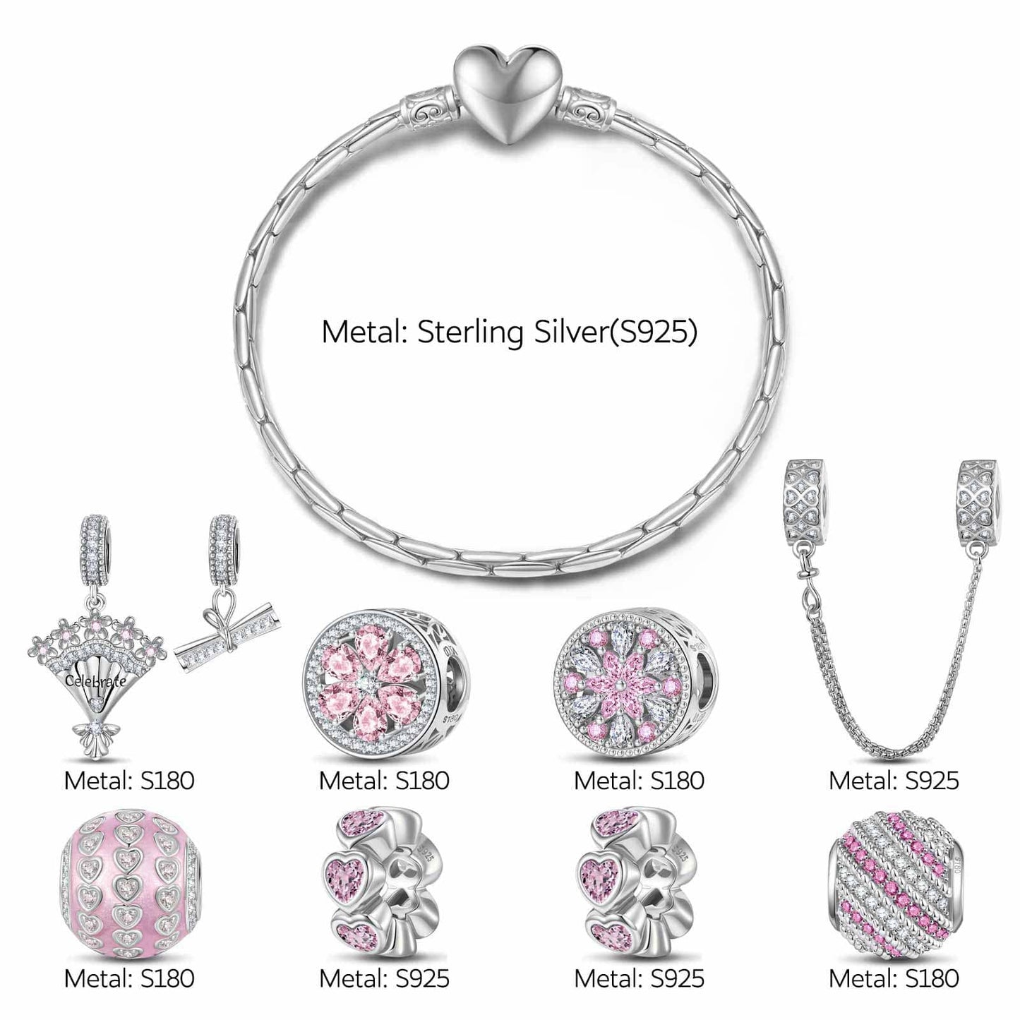 Sterling Silver Achievement Blossoms Charms Bracelet Set With Enamel In White Gold Plated (Includes bracelet and all charms shown)